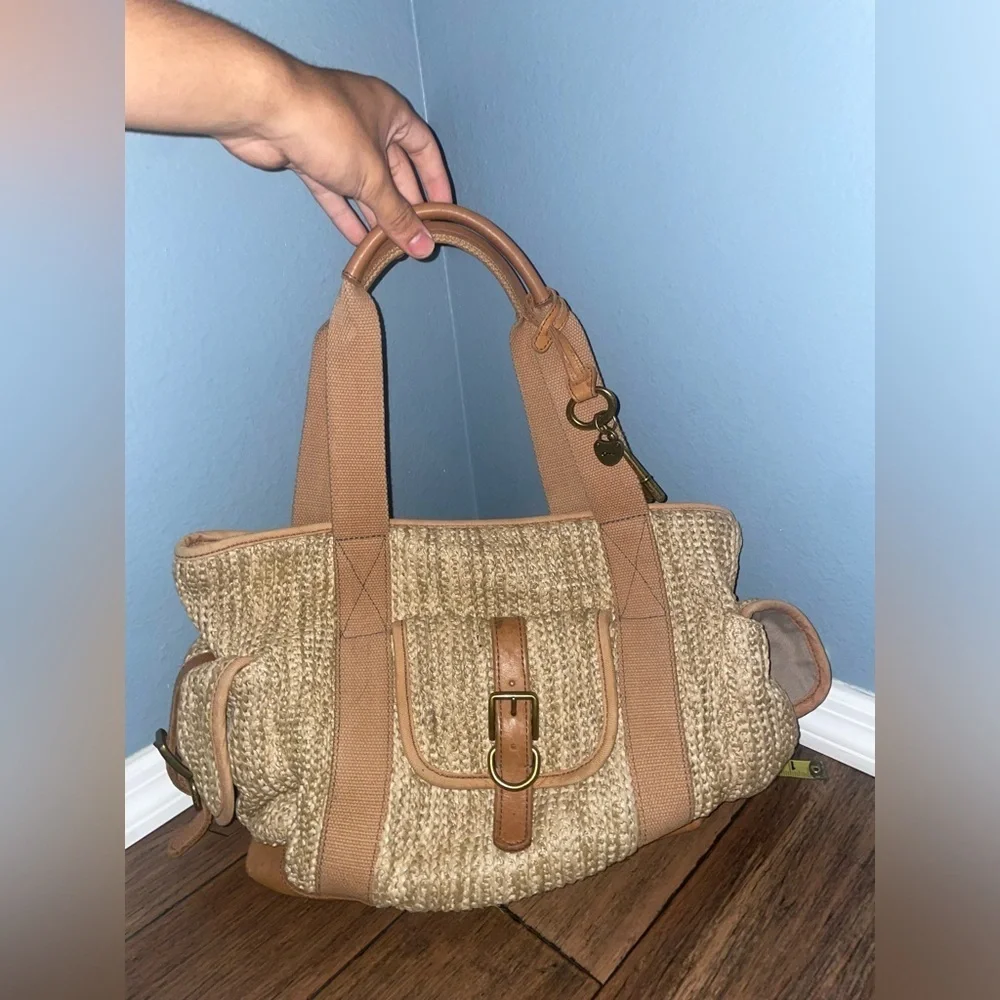 Vintage Woven tote large fossil bag straw bag leather bag canvas shoulder bag
